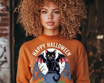 Halloween Bat Cat PNG – Gothic Black Cat on Tombstone Clipart – Instant Download