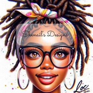 Pu&ograve; includere: Ritratto d'arte digitale di una donna con dreadlocks marroni, con occhiali con montatura nera e orecchini a cerchio. Ha un foulard colorato e il testo "Shenail's Designs" &egrave; visibile. &Egrave; presente anche la parola "Loc Queen".
