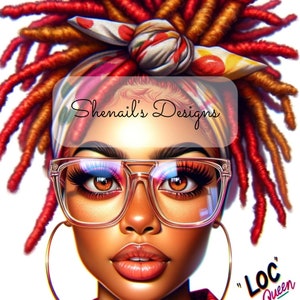 Pu&ograve; includere: Ritratto d'arte digitale di una donna con dreadlocks rossi e arancioni, con occhiali con montatura trasparente e grandi orecchini a cerchio dorati. L'immagine include il testo "Shenail's Designs" e "Loc Queen". La donna ha labbra carnose e lunghe ciglia.