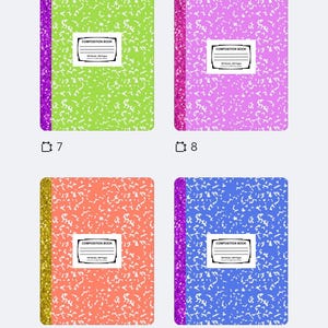 May include: Four composition notebooks in vibrant colors: green, purple, coral, and blue. Each notebook features a white label with the text "Composition Book" and a speckled pattern. The spines are embellished with glitter.