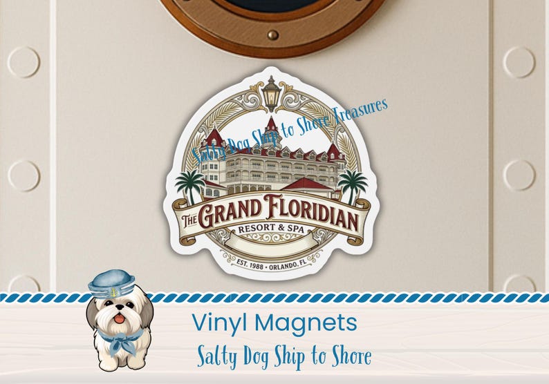 May include: A die-cut vinyl magnet featuring a detailed illustration of The Grand Floridian Resort & Spa. The design includes the resort building, palm trees, a lantern, and a banner with the text The Grand Floridian Resort & Spa Est. 1988 Orlando, FL.