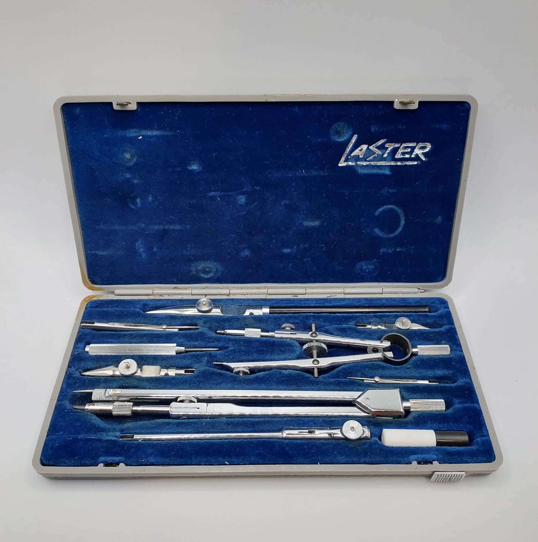 LASTER Hard Chrome Compass Box. Vintage Technical Drawing Tools