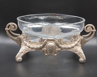 Vintage centerpiece, vintage salad bowl, glass bowl with pewter base, neoclassical fruit bowl, baroque centerpiece, vintage decor