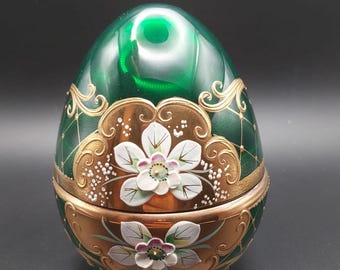 Bohemian glass egg, Bohemian glass jar, cloisonné enamel decoration, glass trinket box, glass jewelry box