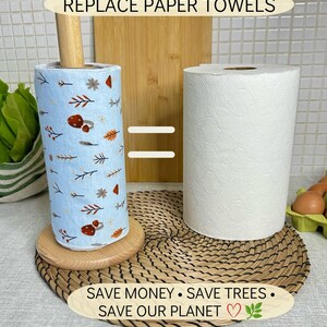 Op de afbeelding: Een lichtblauwe herbruikbare keukenrol met een paddenstoelen- en bladerpatroon op een houten houder naast een standaard witte keukenrol. Tekst: REPLACE PAPER TOWELS, =, SAVE MONEY &bull; SAVE TREES &bull; SAVE OUR PLANET met een hartje en een blaadje.