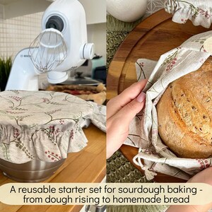 May include: A set of two fabric bowl covers featuring a beige background with a delicate floral and berry pattern. The covers have elasticized ruffled edges. One cover is on a metal bowl, and the other is on a small container. Text reads DOUGH RISING.