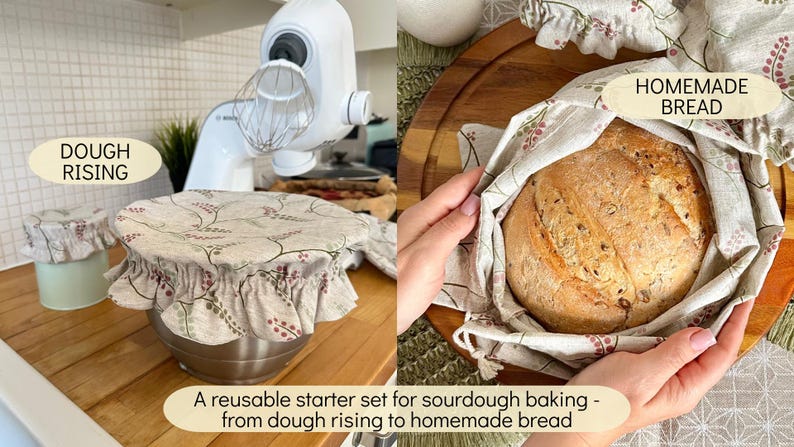 May include: A set of two fabric bowl covers featuring a beige background with a delicate floral and berry pattern. The covers have elasticized ruffled edges. One cover is on a metal bowl, and the other is on a small container. Text reads DOUGH RISING.
