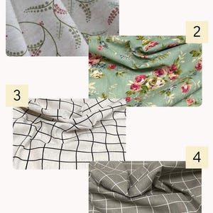 May include: Four fabric samples labeled Linen Print. Sample 1 features a white background with green vines and pink dots. Sample 2 shows a sage green base with pink and cream roses. Sample 3 has a white grid on beige. Sample 4 has a white grid on gray.