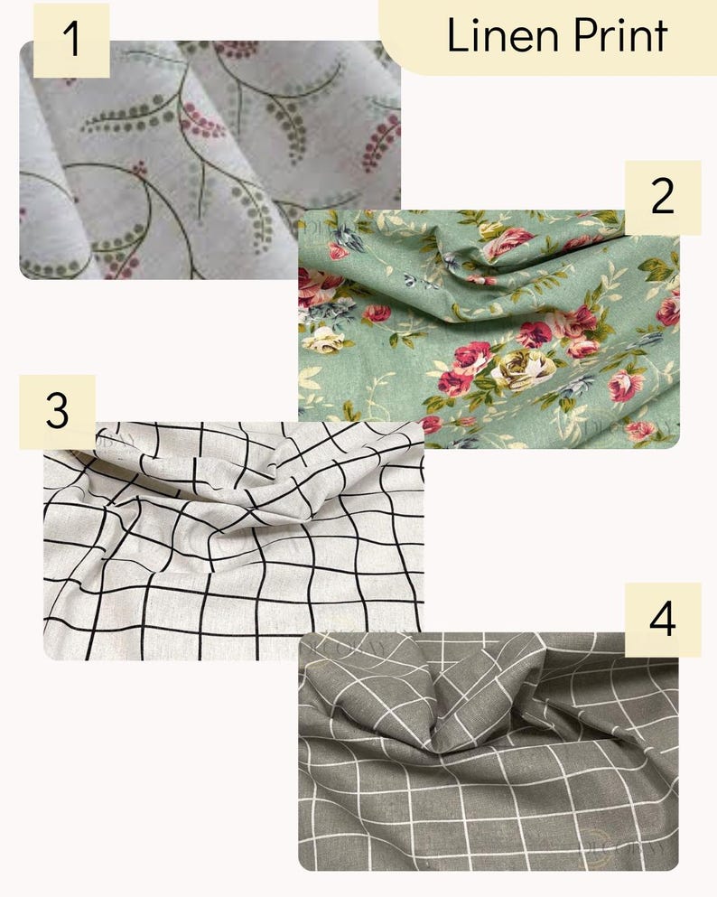 May include: Four fabric samples labeled Linen Print. Sample 1 features a white background with green vines and pink dots. Sample 2 shows a sage green base with pink and cream roses. Sample 3 has a white grid on beige. Sample 4 has a white grid on gray.