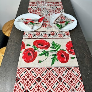 Farmhouse Folk Dining Home Decor - Slavic Folk Linen Table Runner with Napkins - Floral cute handmade linen table runner - Housewarming gift