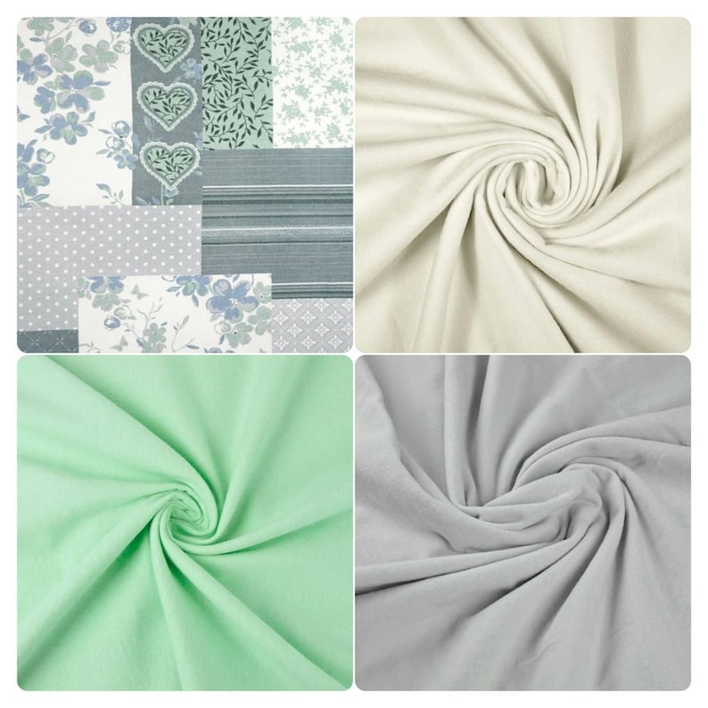 Op de afbeelding: Een collage van stofstalen met bloemen-, hartjes-, streep- en stippenpatronen in blauw-, grijs- en wittinten, naast effen cr&egrave;mekleurige, mintgroene en lichtgrijze stoffen met zichtbare plooien en gedrapeerde texturen.