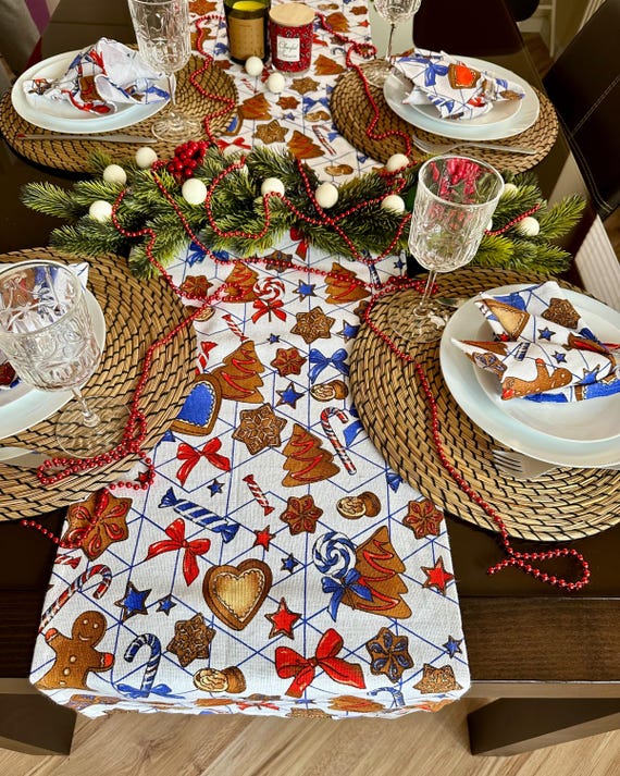 Weihnachts-Tischläufer und Servietten-Set - Dickes Mittelstück aus Baumwolle - Urlaub als Gastgeschenk - Bauernhaus-Dinnerdekor
