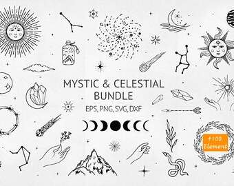 Mystic Celestial Clipart Bundle: Boho Moon, Sun, Stars (SVG, PNG, DXF)