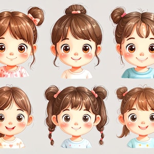 Pode incluir: Seis ilustrações de desenhos animados de meninas com cabelo castanho e bochechas rosadas. Cada menina tem um penteado diferente, incluindo rabos de cavalo, coques e tranças, e usa uma blusa de cor clara. Laços e fitas cor-de-rosa adornam alguns penteados.