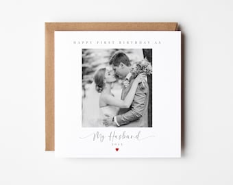 Tarjeta personalizada de Feliz Primer Cumpleaños como Mi Esposo / Tarjeta con foto para el primer cumpleaños / Tarjeta con foto para cualquier parentesco / Boda Sr. y Sra. Aniversario