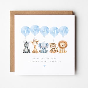 Personalised Safari Jungle Animals Balloon Name Happy Birthday Card | New Baby Boy Son Grandson Nephew Little Boy Welcome To The World
