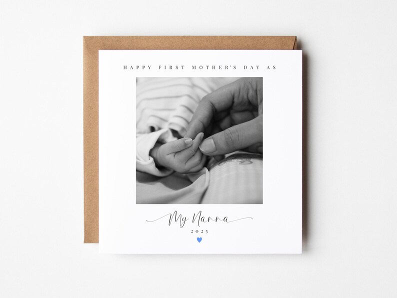 May include: A black and white photo of a baby's hand holding the finger of an adult. The card reads "Happy First Mother's Day as My Nanna 2023" with a blue heart.