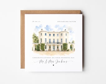 Tarjeta personalizada para el lugar de la boda / Tarjeta de recuerdo del día de la boda con ilustración personalizada en acuarela / Para el Sr. y la Sra. / Tarjeta de aniversario para los novios