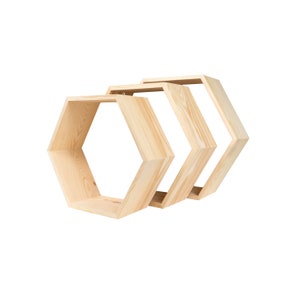 Wooden shelves with honeycomb structure, set of 3, hexagonal, natural.