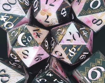 Patchwork Pastel Goth - DnD Dice Set Washi Tape – Handmade Sharp Edge Polyhedral Resin Dice