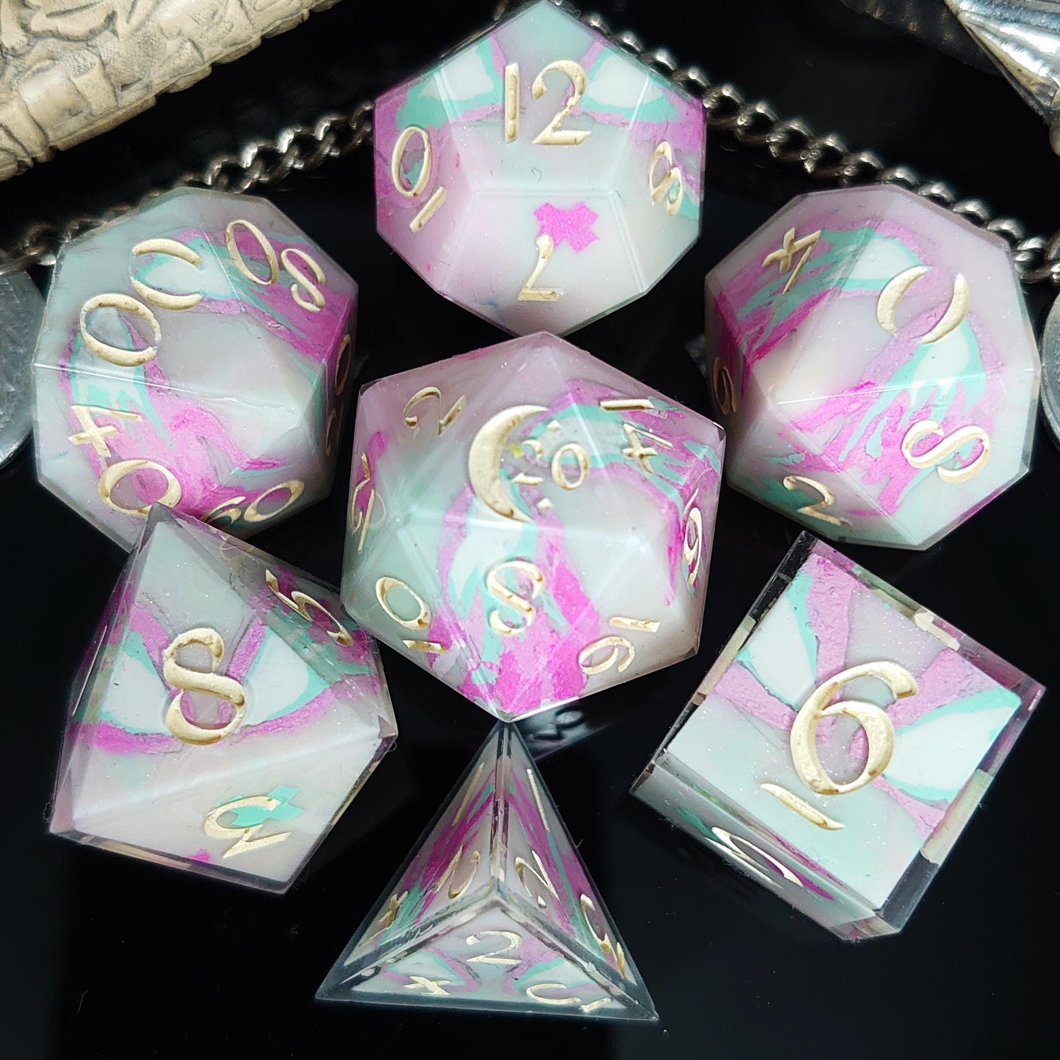 Strength in Serenity - DnD Dice Set – 7 Piece Handmade Sharp Edge Polyhedral Resin Dice