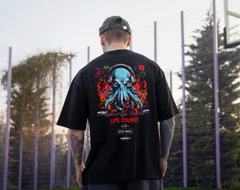 Soundwave Octopus, koszulka z motywem muzycznym, koszulka z motywem zwierząt morskich, letnia odzież męska, męska koszulka oversize