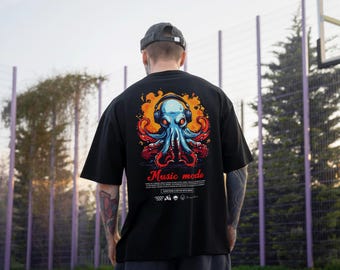 Flaming Fury Octopus ,Fierce & Fiery Streetwear Tee ,Sea Animal Shirt ,Men's Summer Clothing ,Men's Heavy Oversized Tee