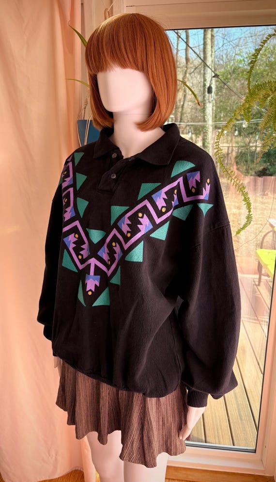 Vintage Wek the World Black Collared Geometric Graphic Pullover 