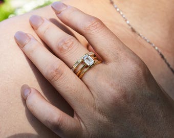 Emerald Cut Moissanite Ring Set: 18K Gold Sterling Silver Wedding Rings