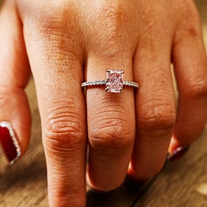 S925 Sterling Silver Pink Moissanite Ring: Radiant Cut Anniversary Ring