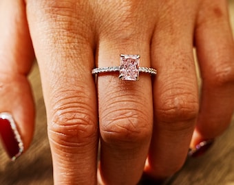 S925 Sterling Silver Pink Moissanite Ring: Radiant Cut Anniversary Ring