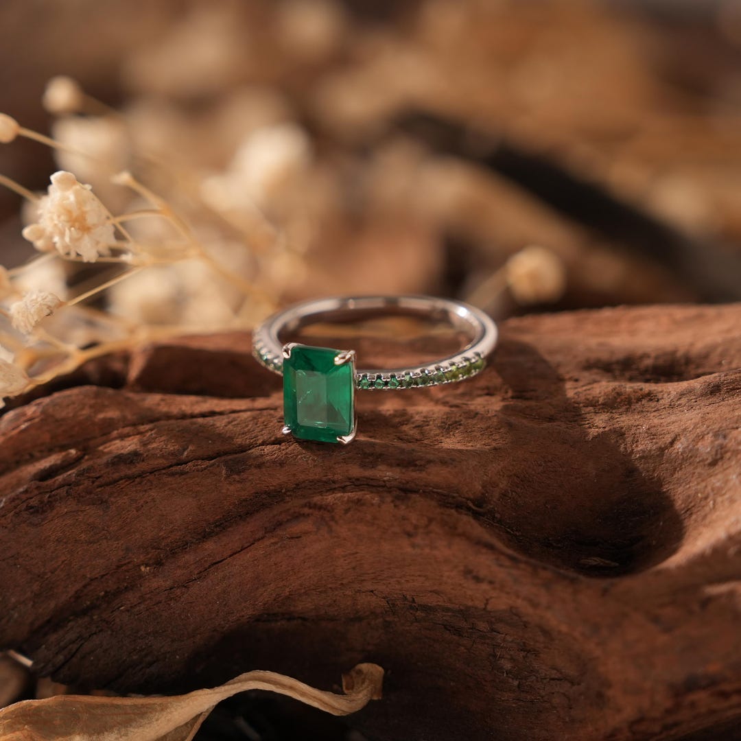 S925 Silver Lab Emerald Engagement Ring, Simulated Natural Emerald