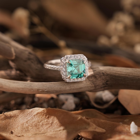 Emerald Moissanite Ring: Asscher Cut Vintage Halo, S925 Silver