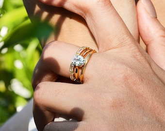 Oval Moissanite Wedding Ring Set: 18K Gold Sterling Silver Twisted Band