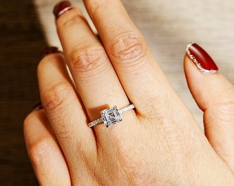 Asscher Cut Moissanite Anniversary Ring: 925 Silver, Classic Claw Setting