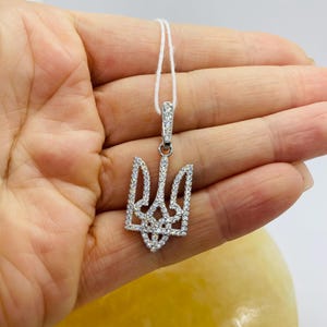 Tryzub Silver Pendant with zirconium.Ukrainian jewelry tryzub 925. Ukrainian Trident Necklace.Sterling silver pendant tryzub.Support Ukraine