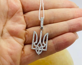 Tryzub Silver Pendant with zirconium.Ukrainian jewelry tryzub 925. Ukrainian Trident Necklace.Sterling silver pendant tryzub.Support Ukraine