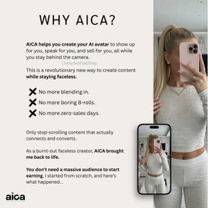 Promotional graphic titled Why AICA explaining how to create a realistic AI avatar and build an online brand while staying faceless. Perfect for any Content Creator looking for a Passive Income Guide.