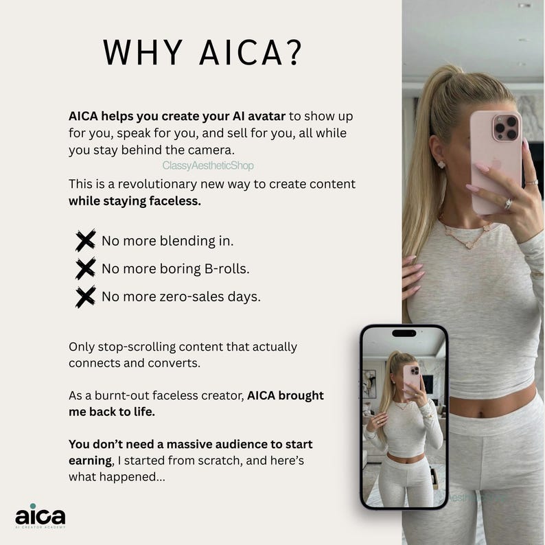 Promotional graphic titled Why AICA explaining how to create a realistic AI avatar and build an online brand while staying faceless. Perfect for any Content Creator looking for a Passive Income Guide.