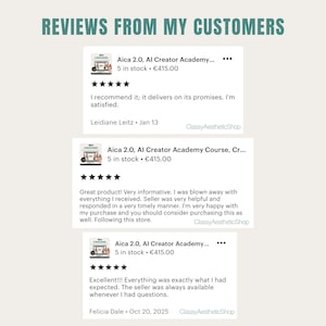 Customer reviews for Aica 2.0 AI Creator Academy Course, showing 5-star ratings and positive feedback. Verified testimonials highlighting the value of the Online Course and the seller's helpfulness in the Digital Marketing space.