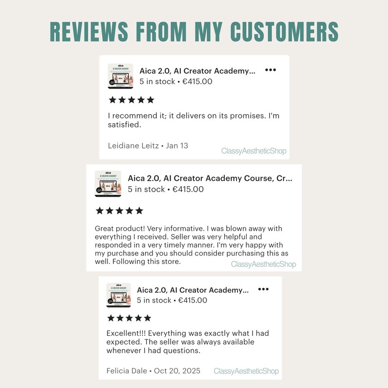 Customer reviews for Aica 2.0 AI Creator Academy Course, showing 5-star ratings and positive feedback. Verified testimonials highlighting the value of the Online Course and the seller's helpfulness in the Digital Marketing space.