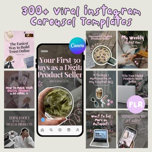 Könnte beinhalten: Eine Grafik für digitales Marketing mit dem Text "300+ virale Instagram-Karussellvorlagen". Das Bild zeigt verschiedene Vorlagen mit Texten wie "Ihre ersten 30 Tage als digitaler Produktverkäufer" und "Wie Sie Ihr digitales Produkt viral machen können."