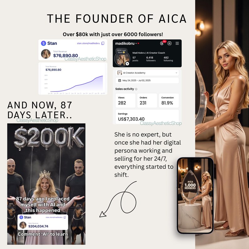 Digital marketing results and revenue dashboard showing $200k sales achieved with a digital persona and faceless AI influencer strategy.