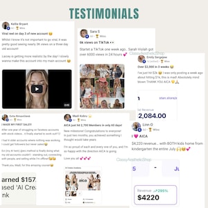 Social media proofs and viral reel statistics from members using AICA for Faceless Reels. Showcases community growth and successful Digital Products sales results.