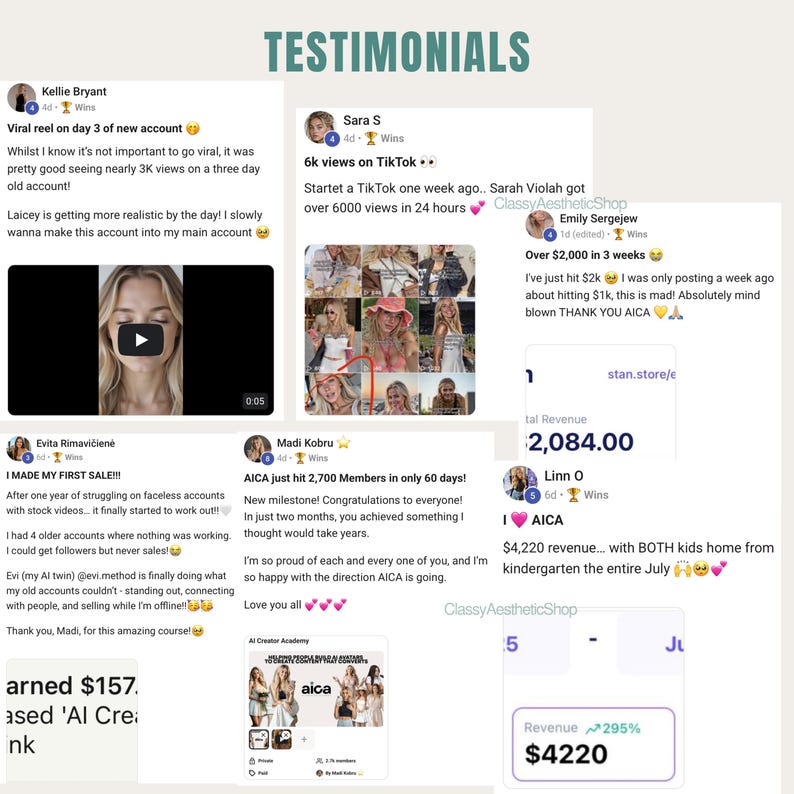 Social media proofs and viral reel statistics from members using AICA for Faceless Reels. Showcases community growth and successful Digital Products sales results.
