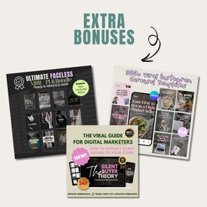 Visual of the bonus bundle including Ultimate Faceless MRR and PLR assets, 300+ Instagram Carousel Templates, and the Silent Buyer Theory strategy guide for Faceless Branding.