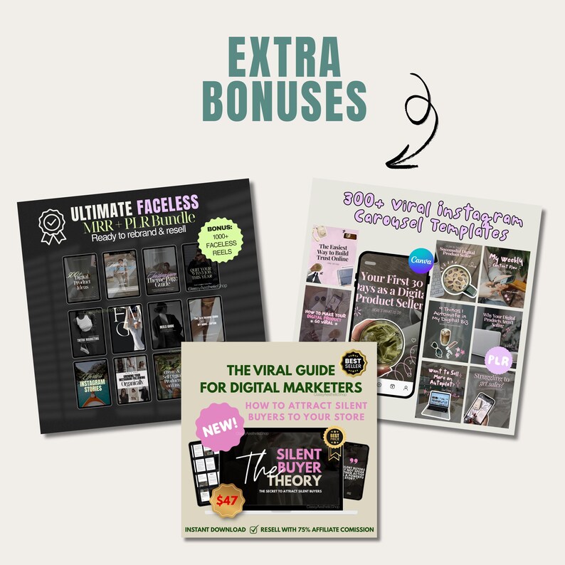 Visual of the bonus bundle including Ultimate Faceless MRR and PLR assets, 300+ Instagram Carousel Templates, and the Silent Buyer Theory strategy guide for Faceless Branding.