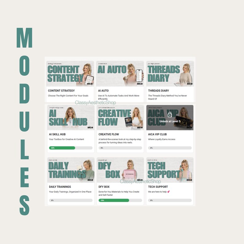 Detailed overview of the Online Course modules, including Instagram Masterclass, Profile Optimization, and Master Resell Rights training. A complete Digital Marketing academy layout.