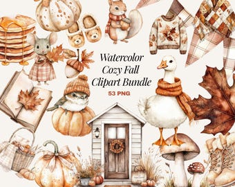 Fall Clipart Bundle, Cozy Autumn Watercolor PNG, Pumpkins, Woodland Animals & Cottagecore Graphics, Digital Download, Commercial Use