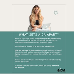 Comparison of AICA AI course showing step-by-step master guides for creating a realistic AI twin and building a personal brand.